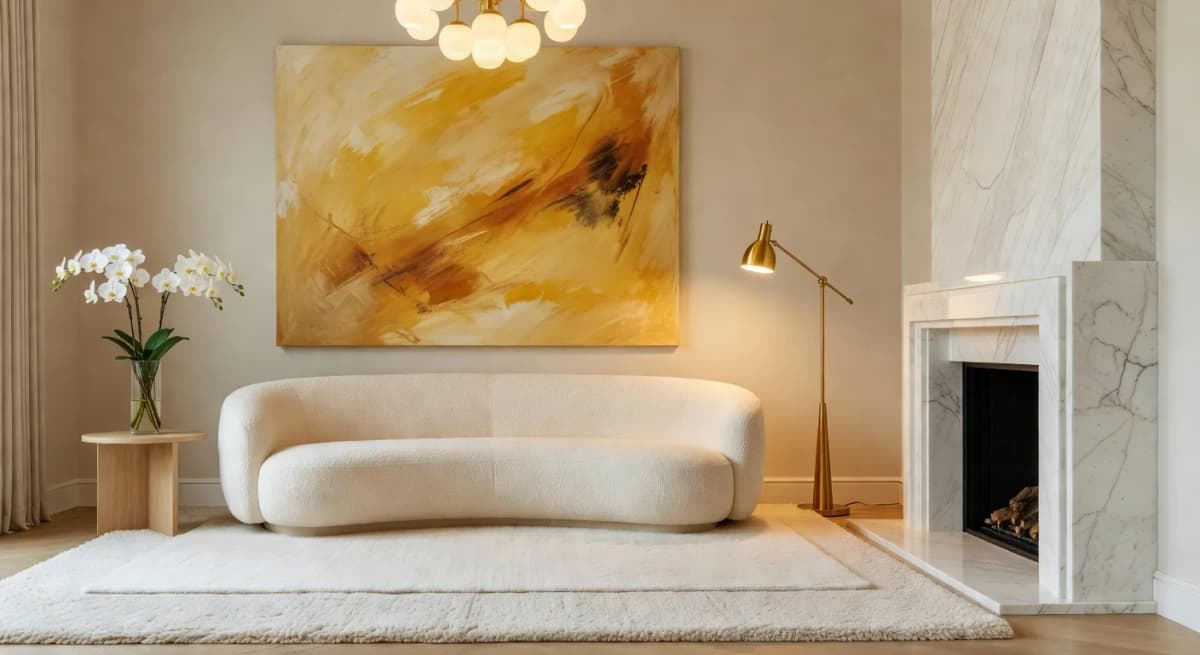 Luxurious-looking modern living room with cream bouclΓ© sofa, marble fireplace, and warm chandelier light