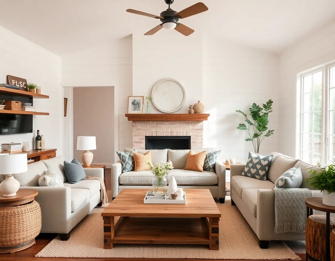 Modern farmhouse ai decoration style β cozy neutral living room with rustic wood