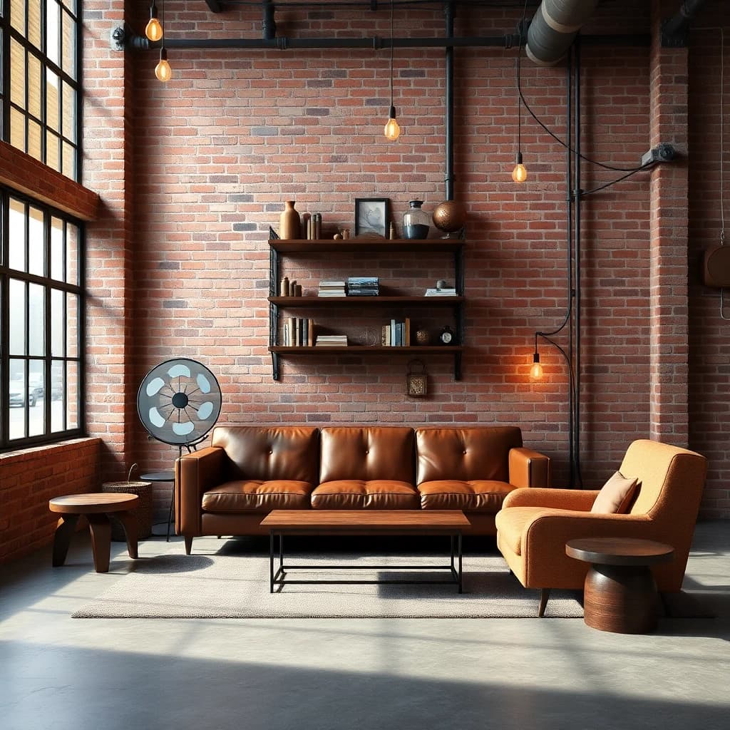 Industrial ai interior design style β living room with exposed brick, leather sofa, and Edison bulbs