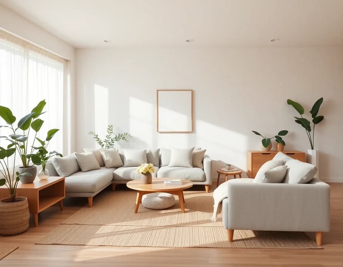 Japandi ai interior design style β warm minimalist living room with natural wood